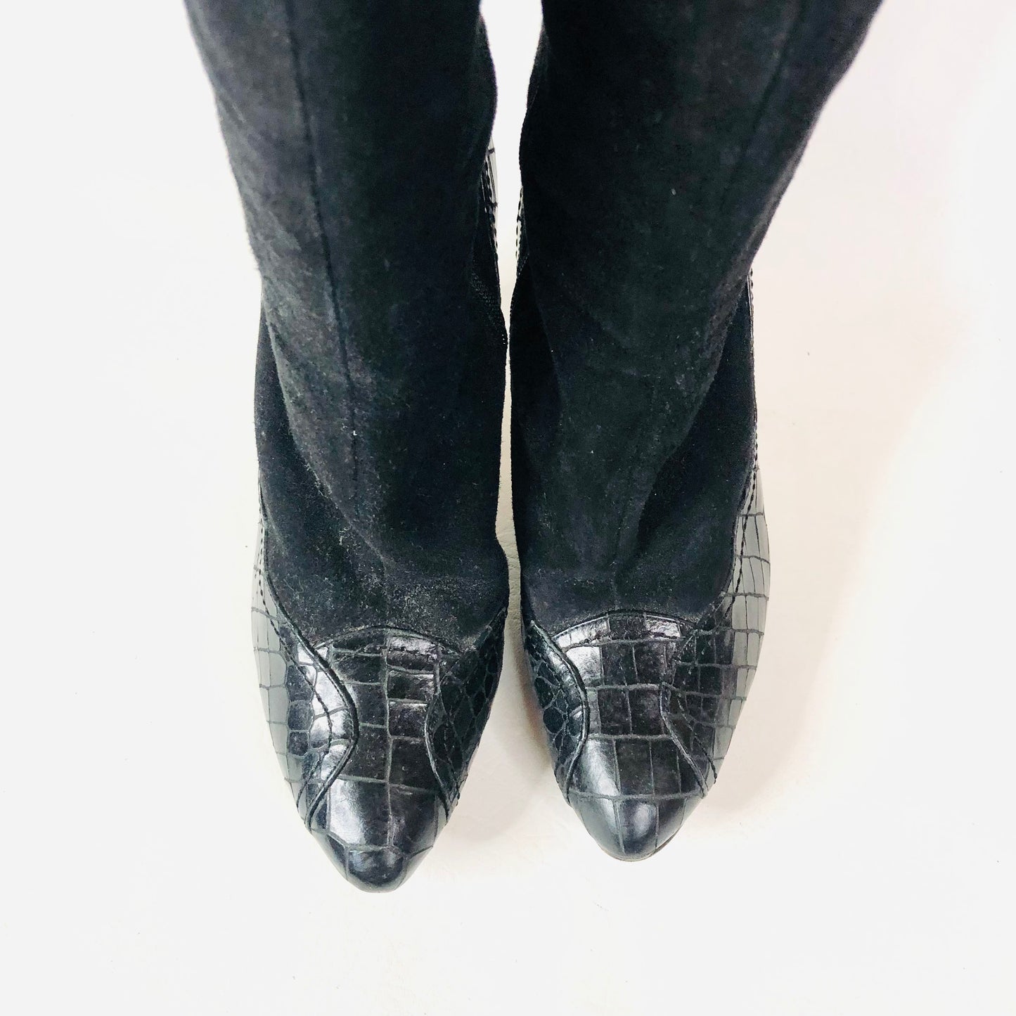 LK Bennett Black Suede Leather With Patent Snakeskin Knee Boots Size 38 (Uk 5)