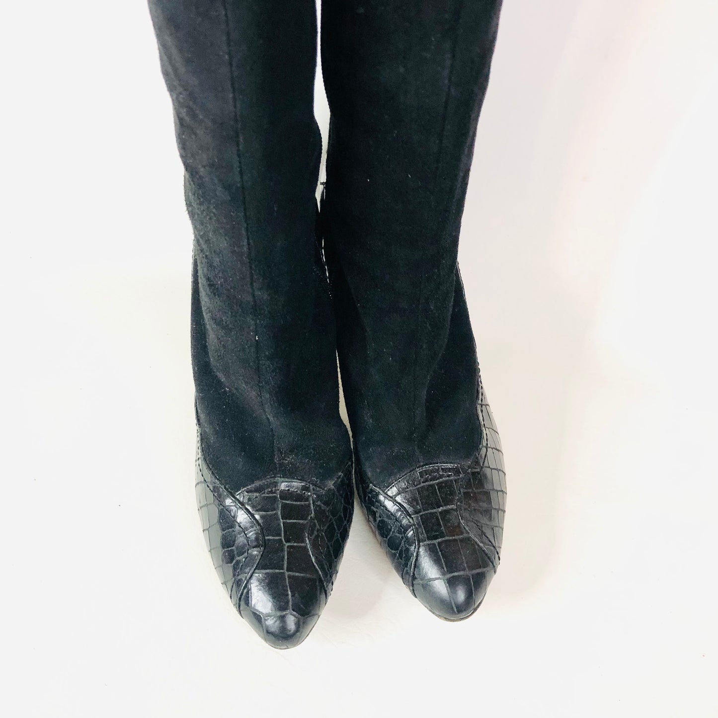 LK Bennett Black Suede Leather With Patent Snakeskin Knee Boots Size 38 (Uk 5)