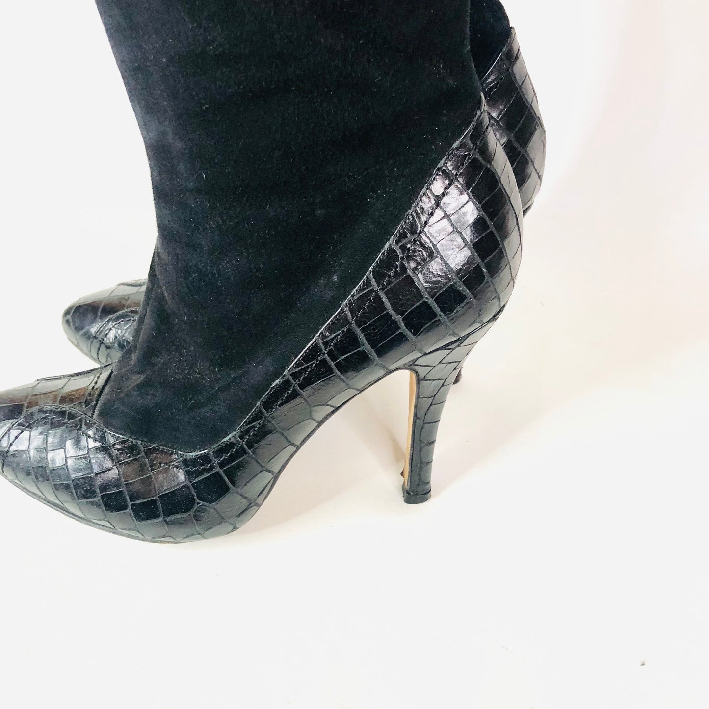 LK Bennett Black Suede Leather With Patent Snakeskin Knee Boots Size 38 (Uk 5)
