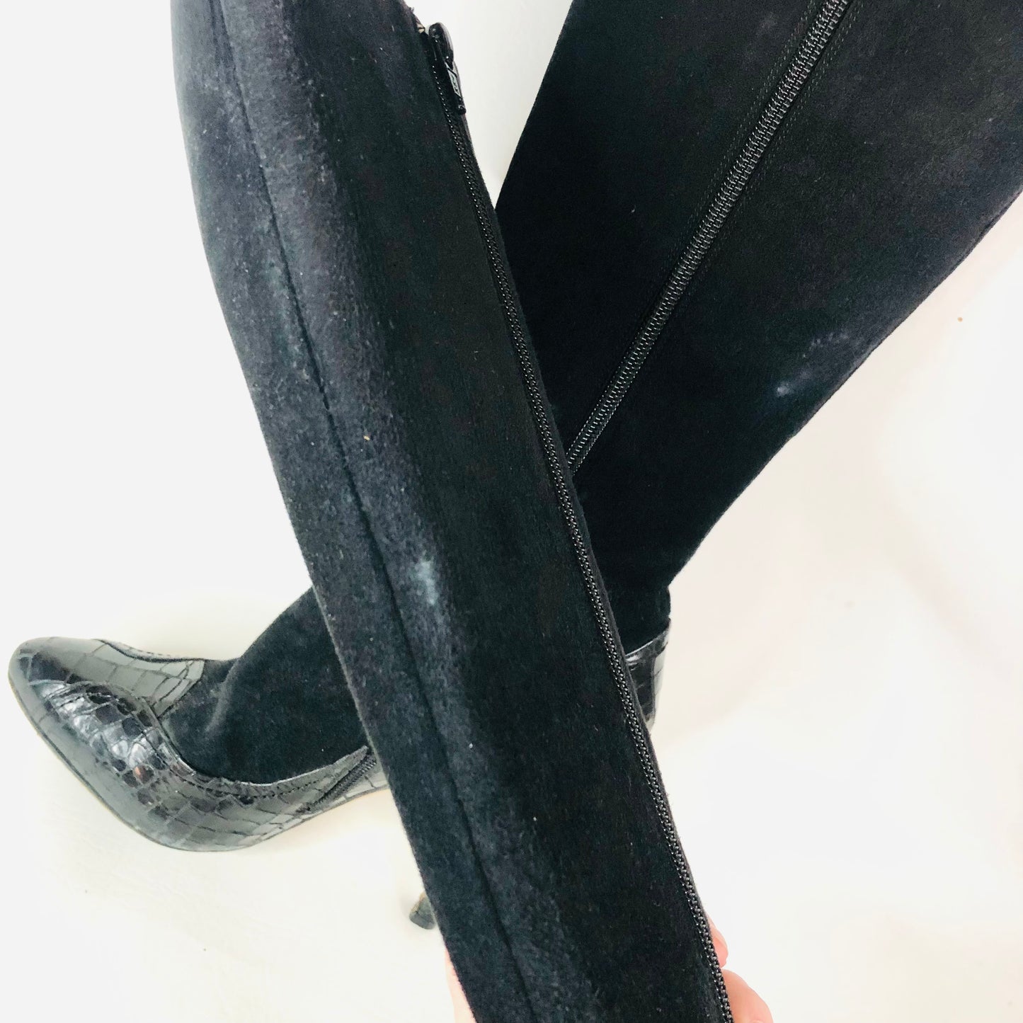 LK Bennett Black Suede Leather With Patent Snakeskin Knee Boots Size 38 (Uk 5)