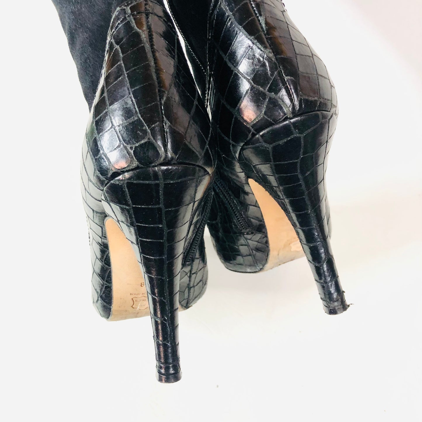 LK Bennett Black Suede Leather With Patent Snakeskin Knee Boots Size 38 (Uk 5)