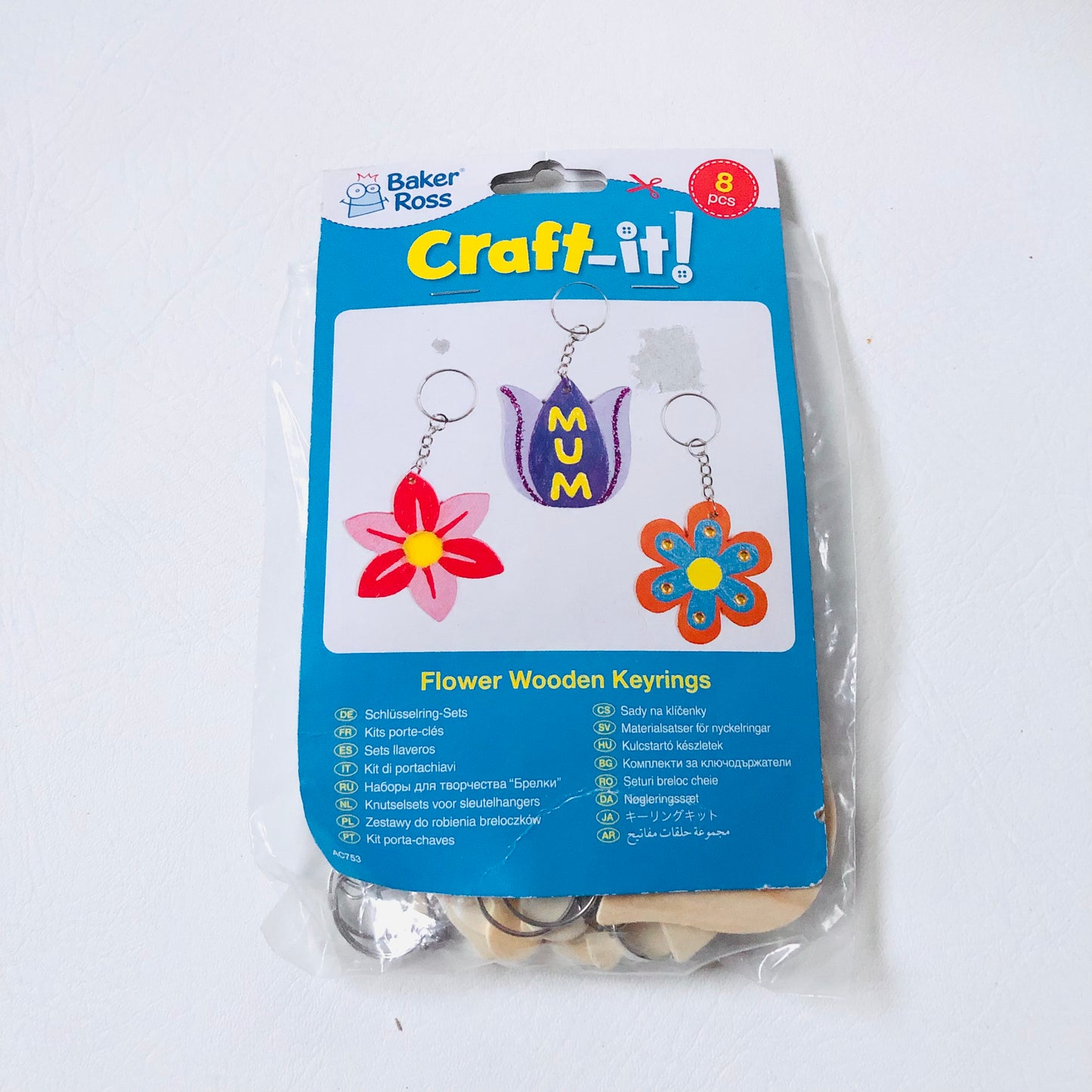 Baker Ross Craft-It! Flower Wooden Keyring 8 Piece DIY Kit NEW