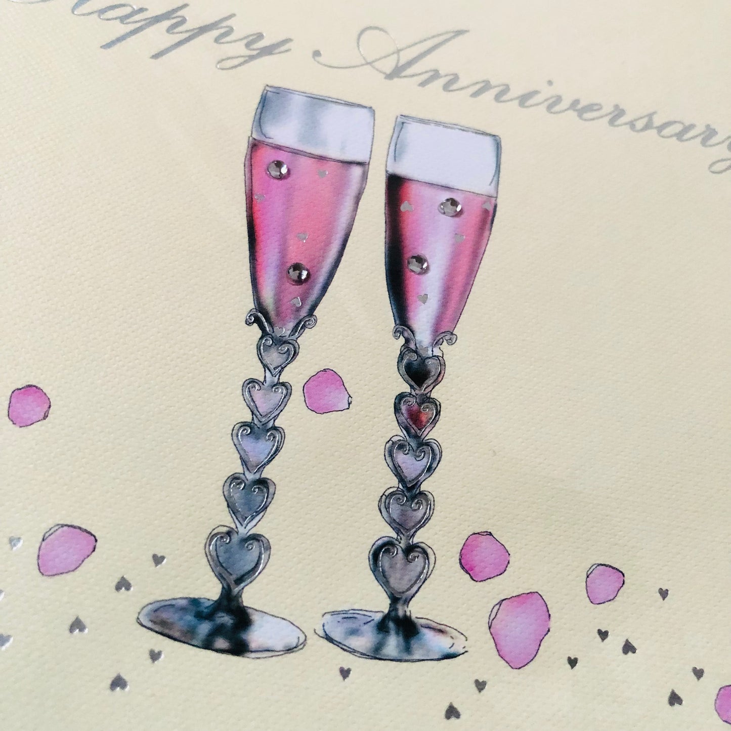 Happy Anniversary Champagne Glass Greeting Card Hand Finished Gem Detail UK Made