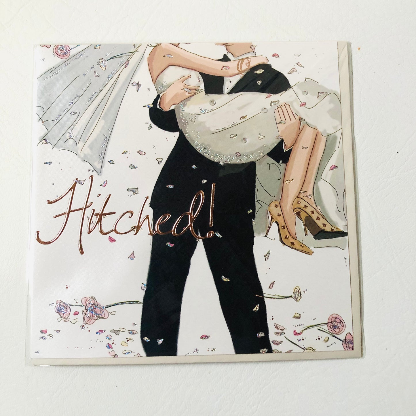 ‘Hitched’ Modern Wedding Greeting Card Hand Finished Gem Detail UK Made
