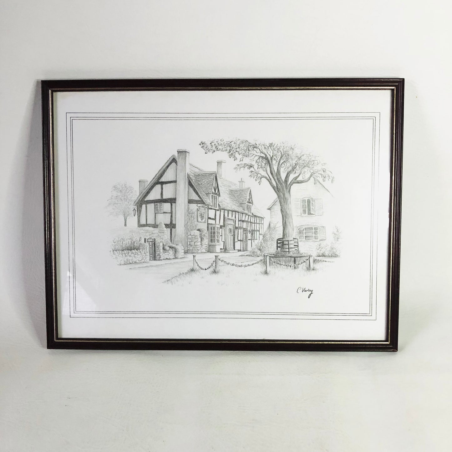 Rural English Pub Illustration Pencil Artwork Print Signed C. Varley Kings Head