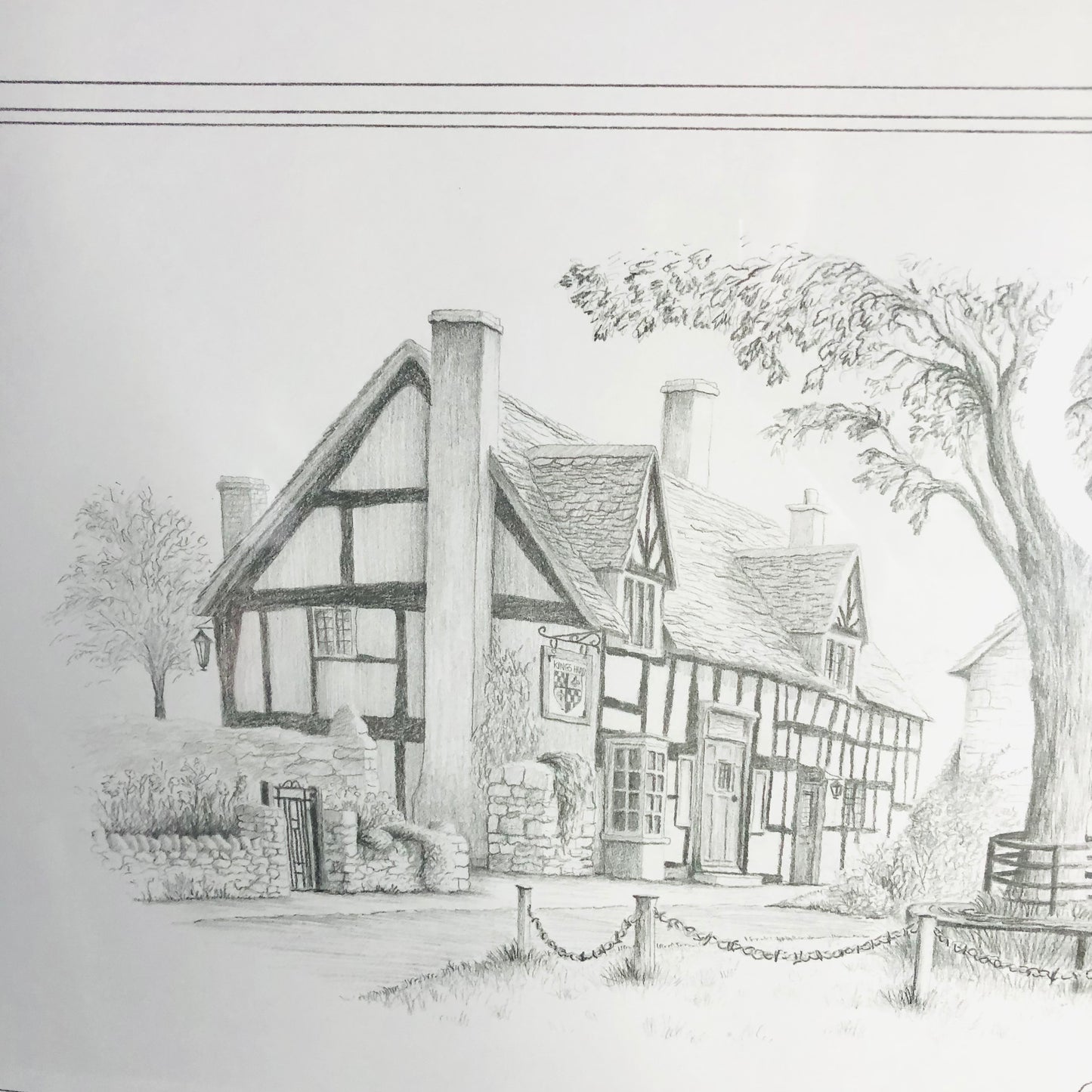 Rural English Pub Illustration Pencil Artwork Print Signed C. Varley Kings Head