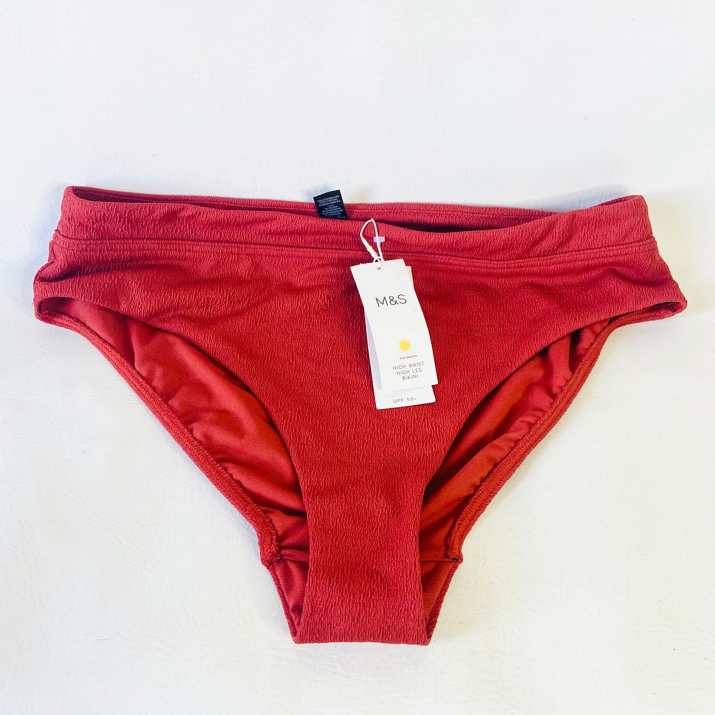 Marks & Spencer (M&S) | Copper Red | Textured High-Waist Bikini Bottoms | Size 16 | NEW | UPF 50+