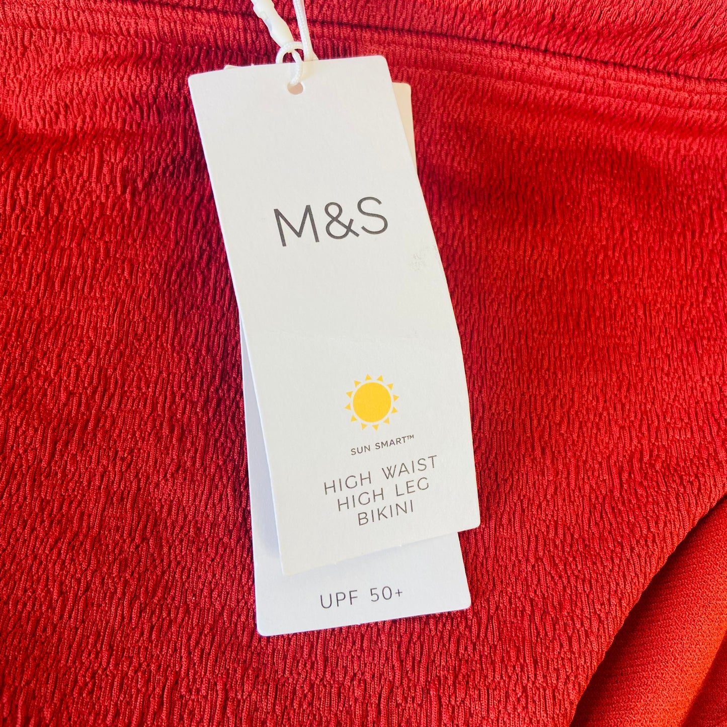 Marks & Spencer (M&S) | Copper Red | Textured High-Waist Bikini Bottoms | Size 16 | NEW | UPF 50+