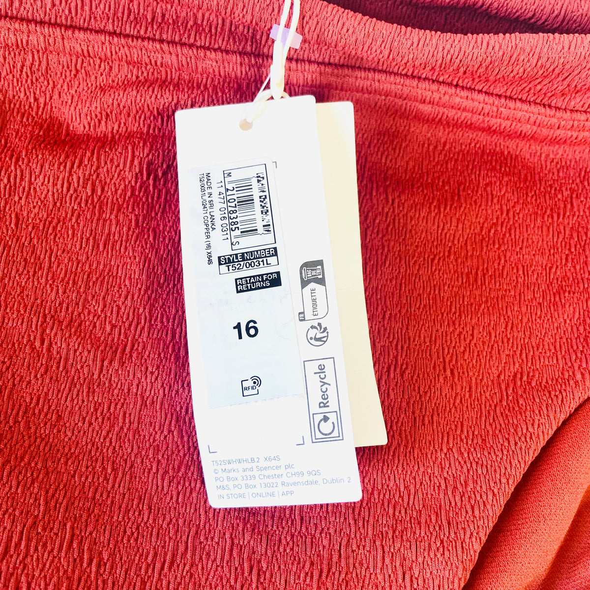 Marks & Spencer (M&S) | Copper Red | Textured High-Waist Bikini Bottoms | Size 16 | NEW | UPF 50+