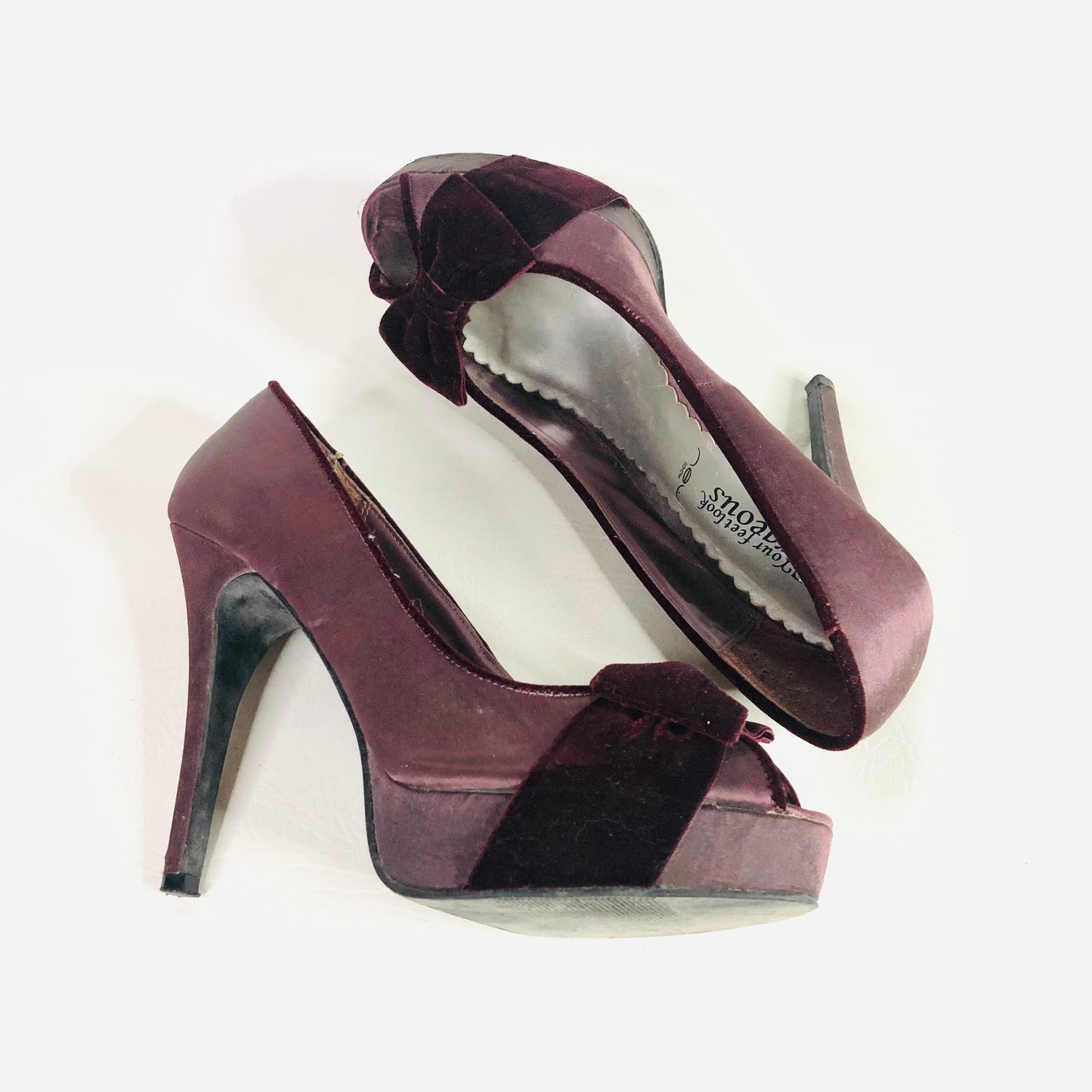 New Look Aubergine Purple satin & velvet bow high stiletto peep toe heels size 5