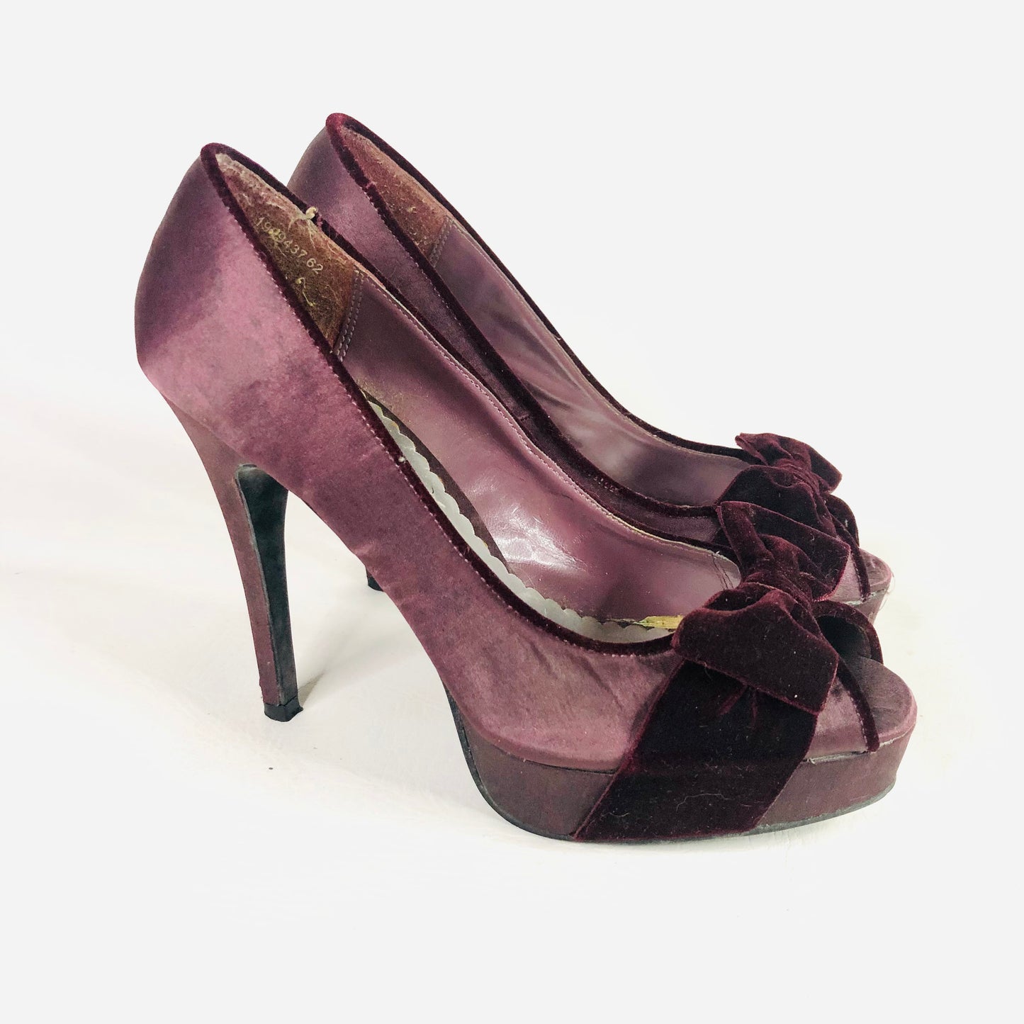 New Look Aubergine Purple satin & velvet bow high stiletto peep toe heels size 5