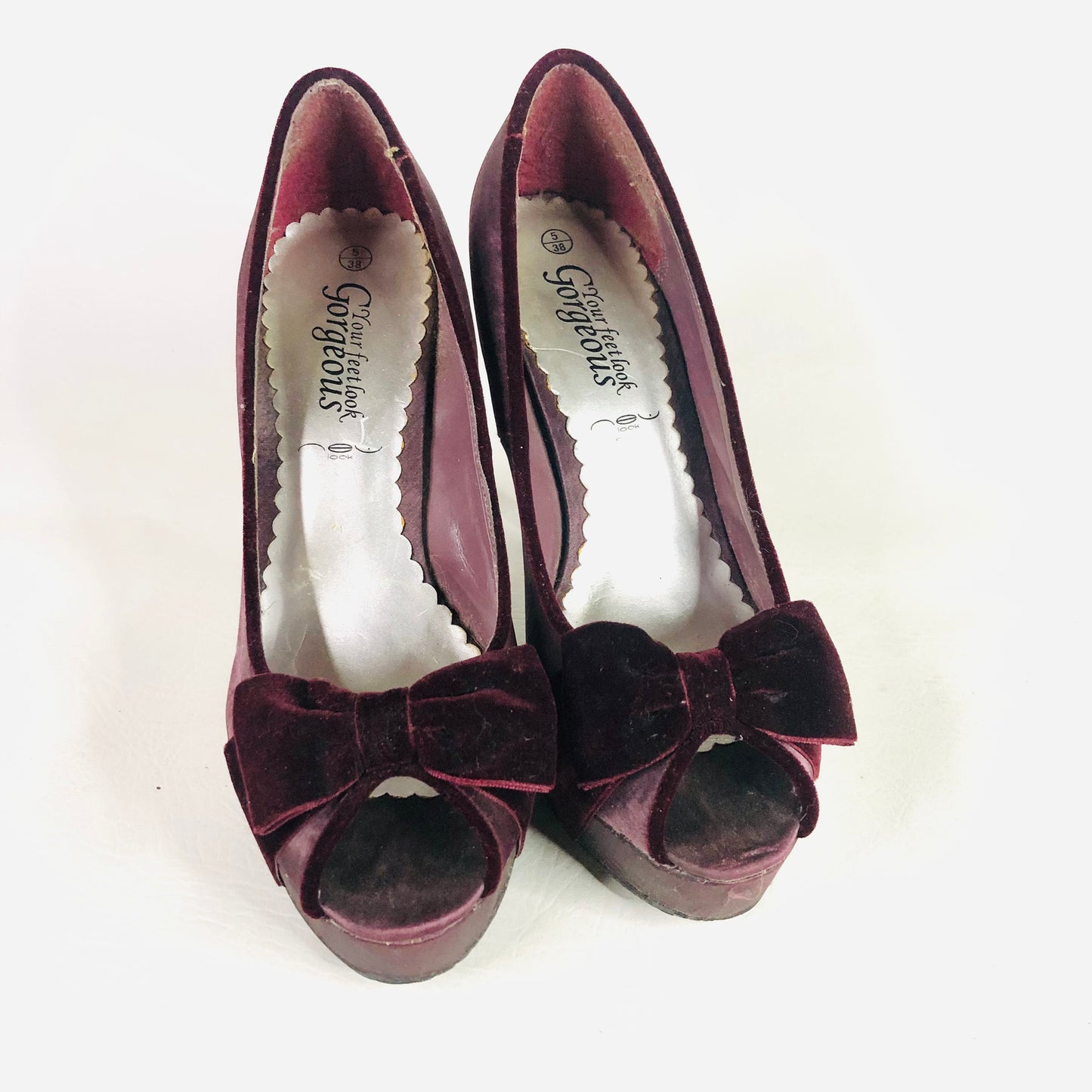 New Look Aubergine Purple satin & velvet bow high stiletto peep toe heels size 5