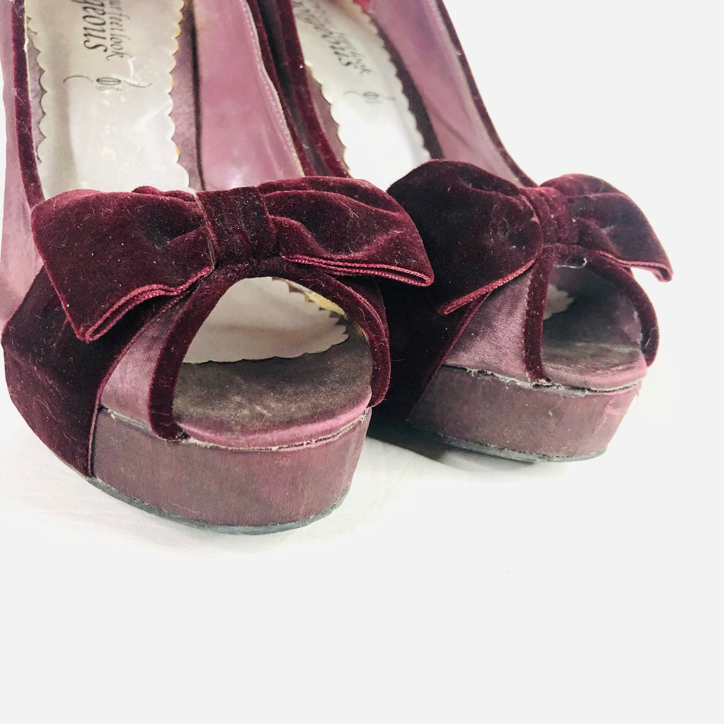 New Look Aubergine Purple satin & velvet bow high stiletto peep toe heels size 5