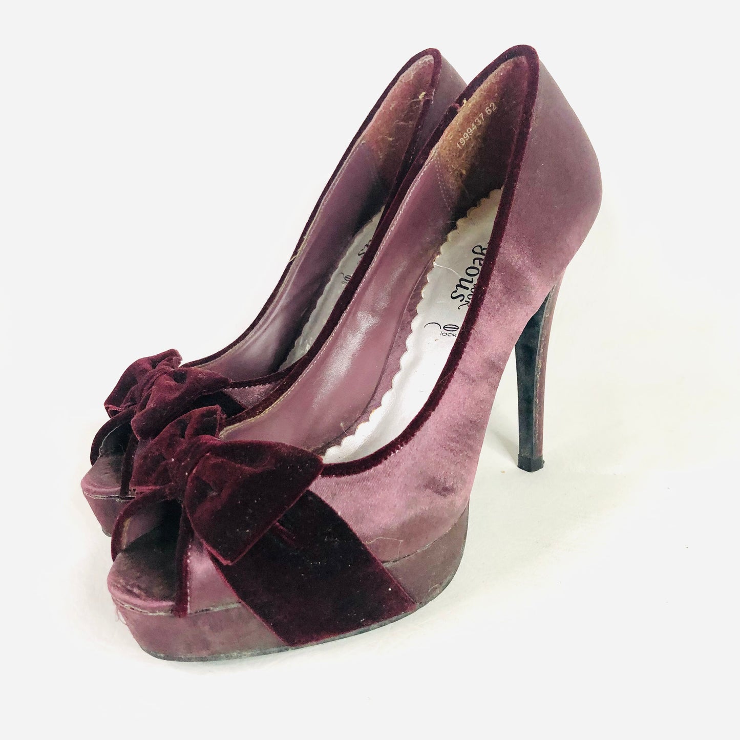 New Look Aubergine Purple satin & velvet bow high stiletto peep toe heels size 5