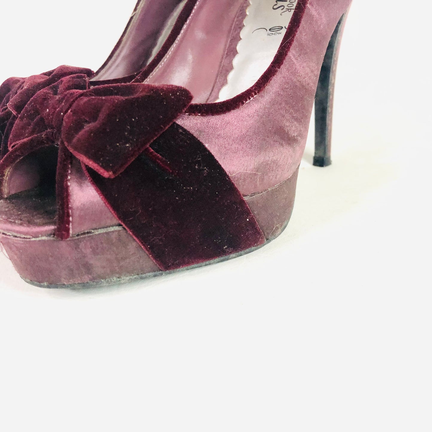 New Look Aubergine Purple satin & velvet bow high stiletto peep toe heels size 5