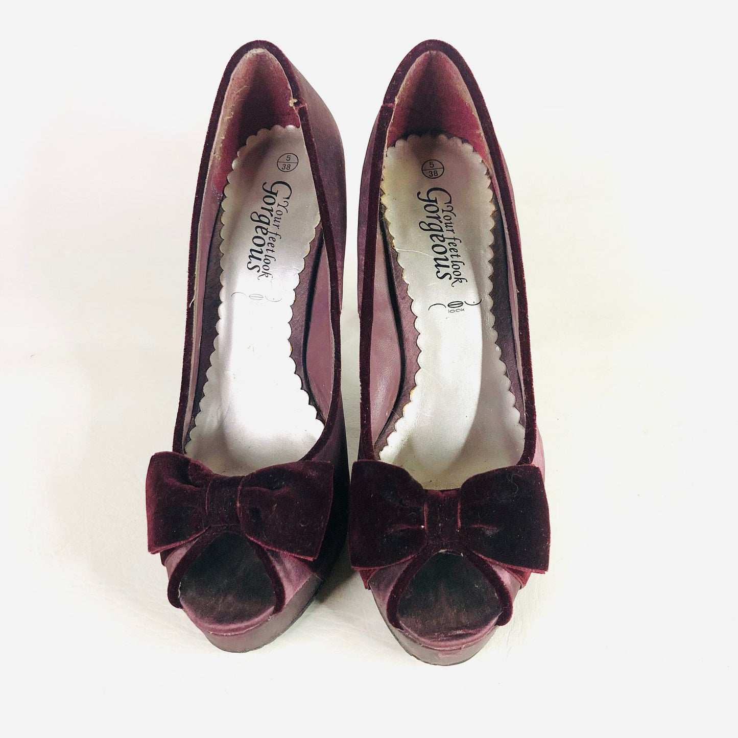 New Look Aubergine Purple satin & velvet bow high stiletto peep toe heels size 5