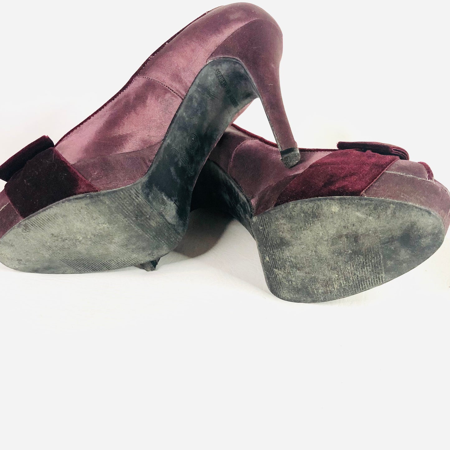 New Look Aubergine Purple satin & velvet bow high stiletto peep toe heels size 5