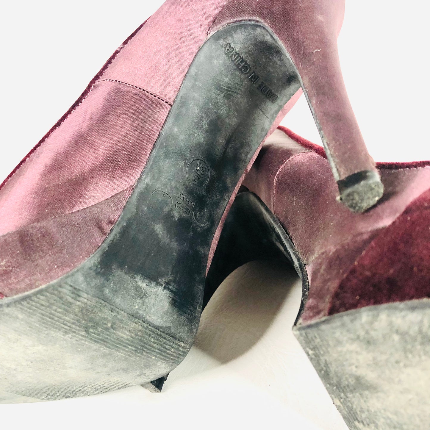 New Look Aubergine Purple satin & velvet bow high stiletto peep toe heels size 5