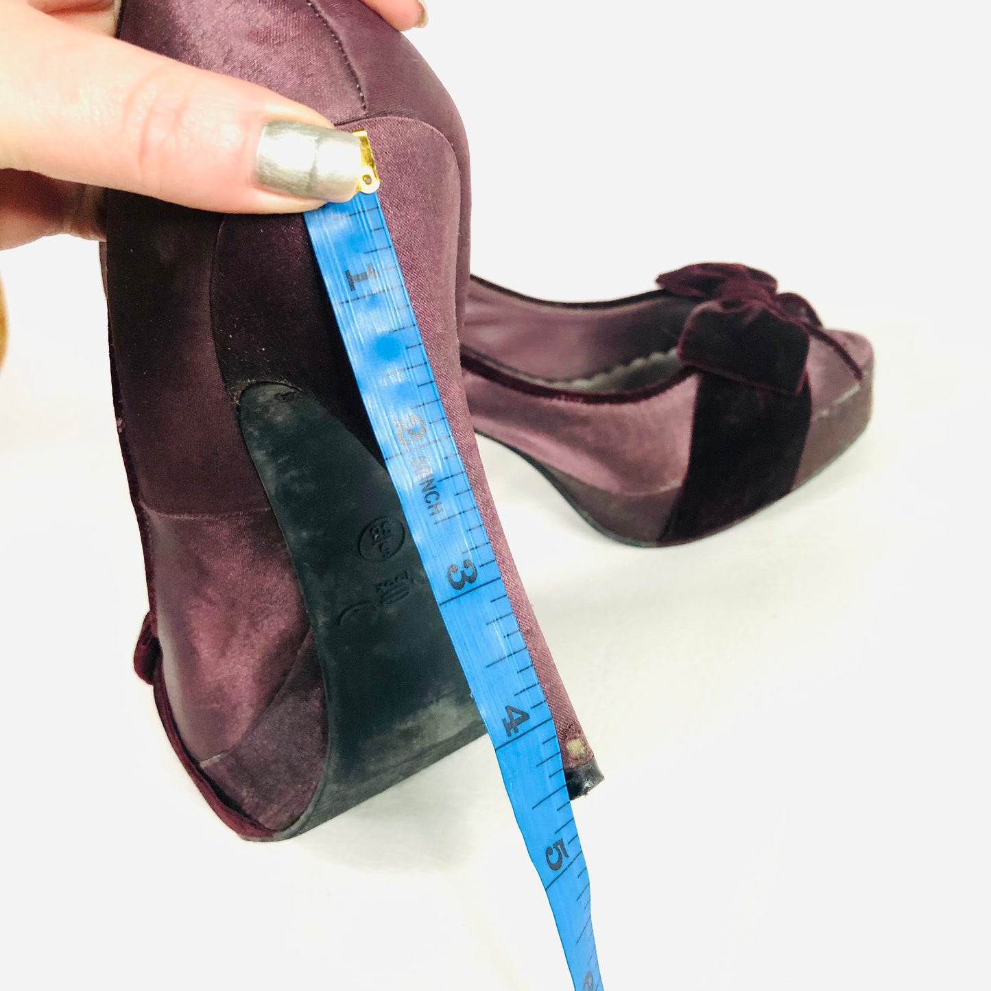 New Look Aubergine Purple satin & velvet bow high stiletto peep toe heels size 5