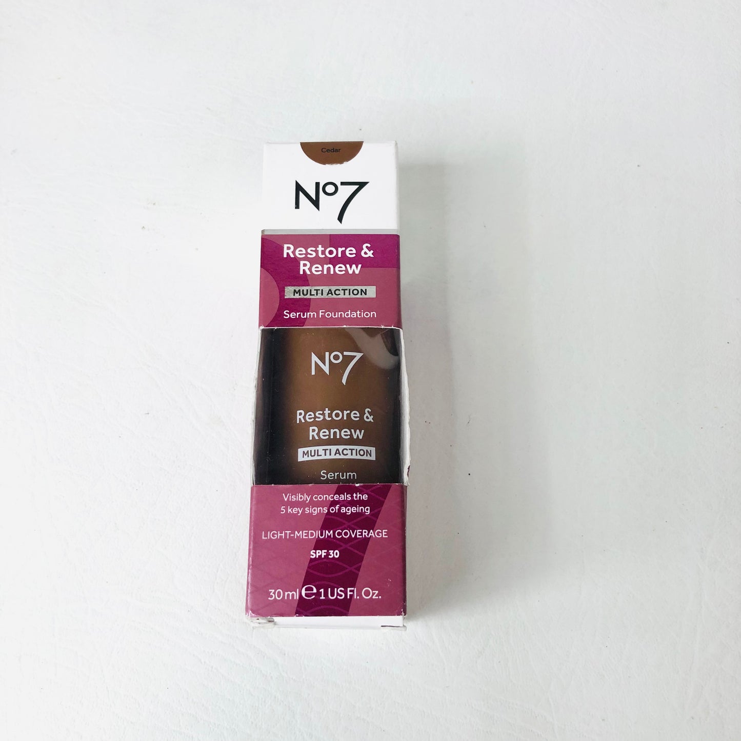 No7 Restore & Renew Multi Action Serum Foundation 30ml Cedar Shade SPF30 NEW
