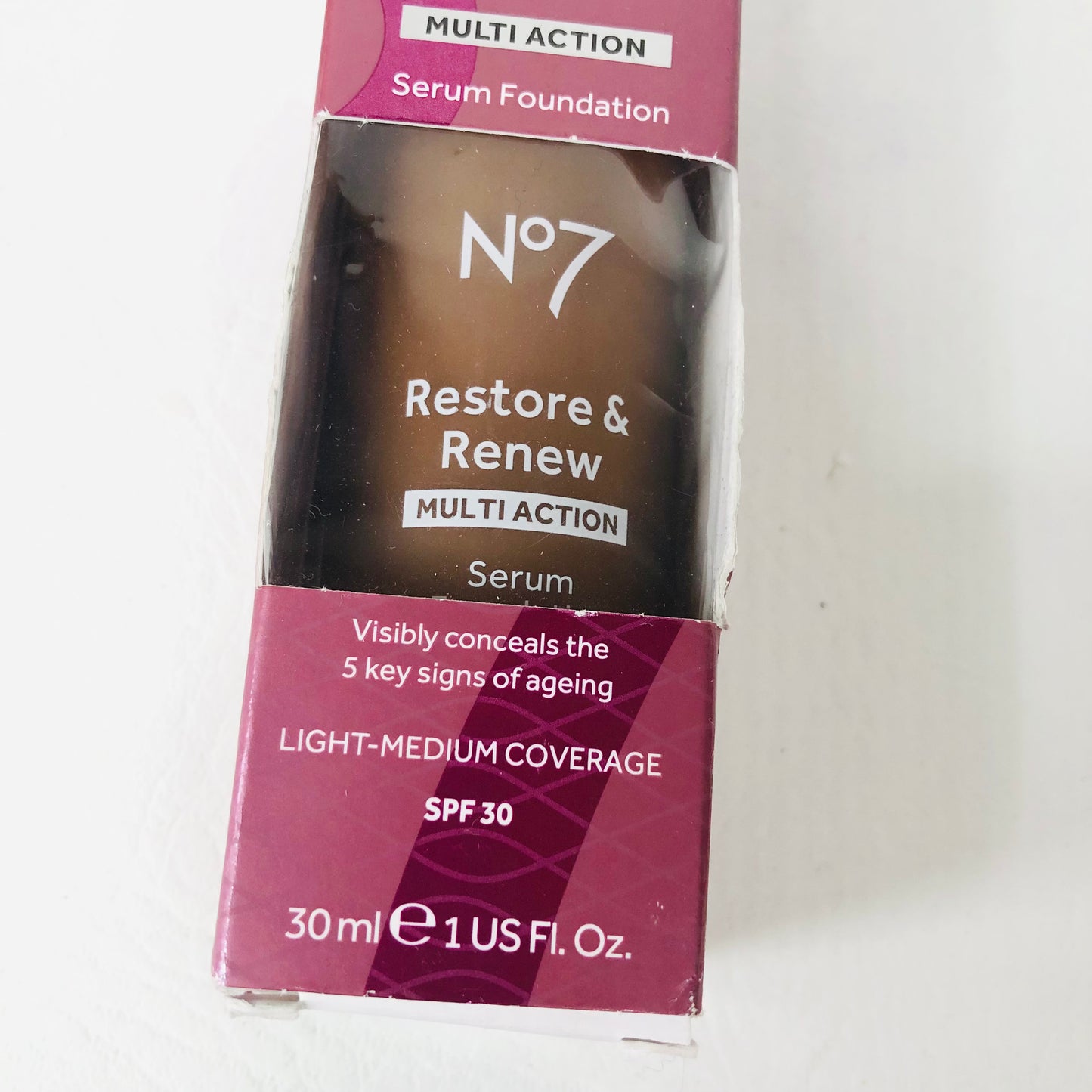 No7 Restore & Renew Multi Action Serum Foundation 30ml Cedar Shade SPF30 NEW