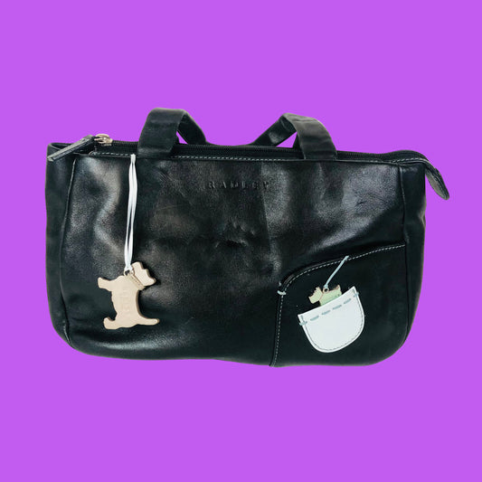 Radley London Black Leather Handbag With Stitch Detailing & 2 Dog Charms