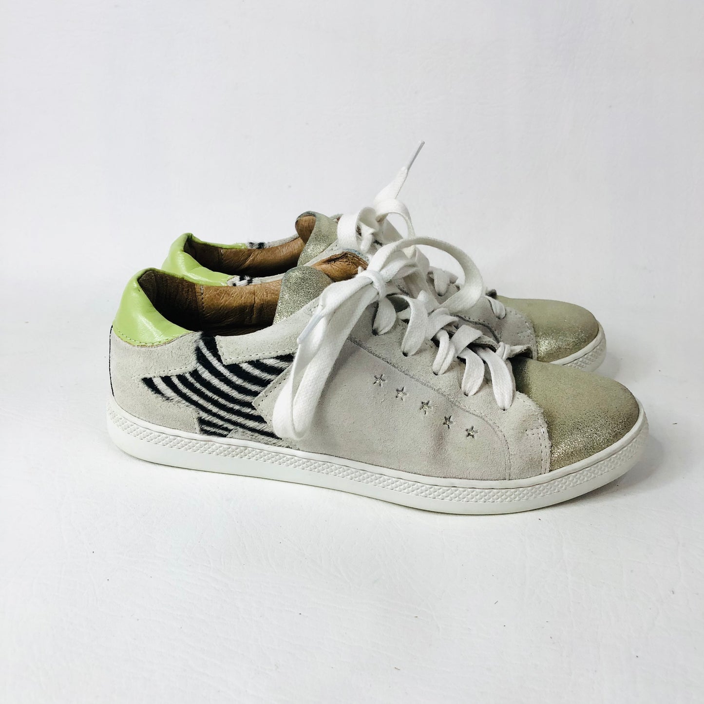 And/Or Elana Leather Suede Beige Pink Green Star Trainers Size 4 (37) RRP £85