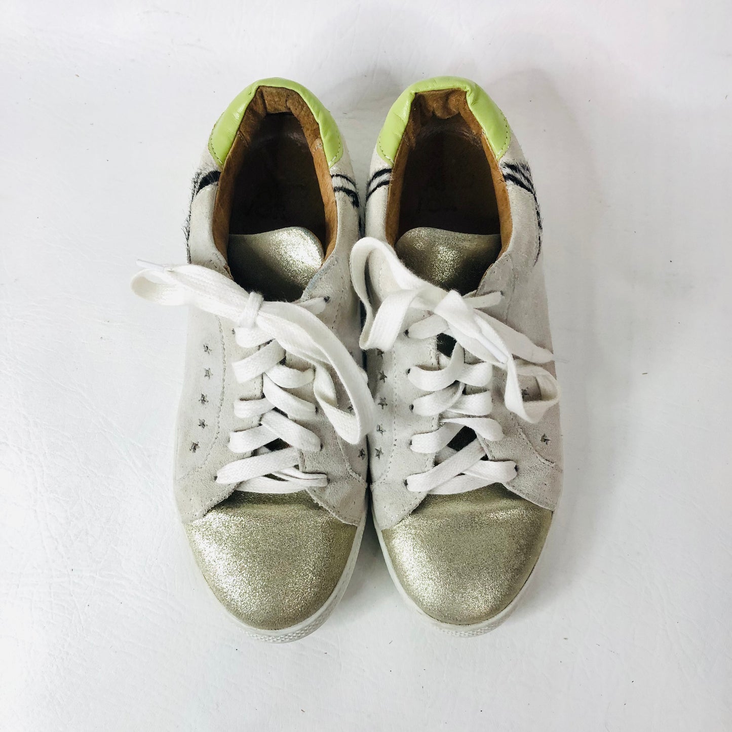 And/Or Elana Leather Suede Beige Pink Green Star Trainers Size 4 (37) RRP £85
