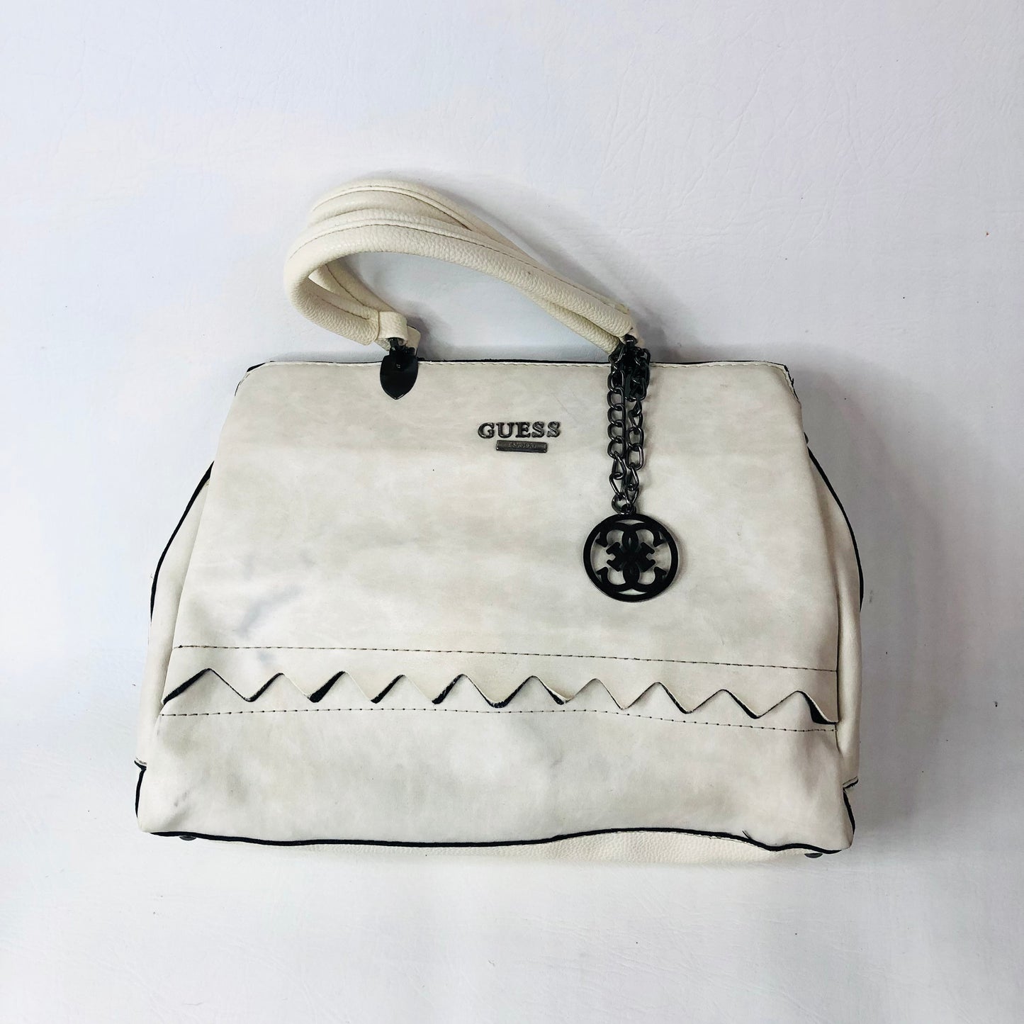 Guess Cream Handbag With Metal Bag Charm Two Handle Tote Bag 31x25cm