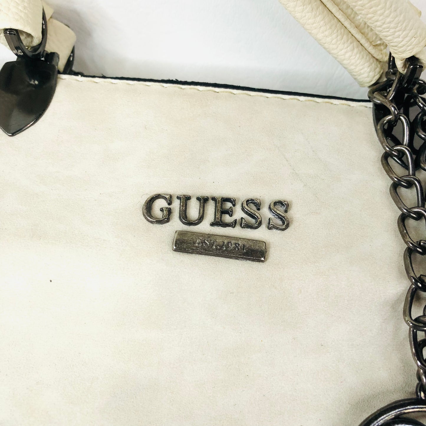 Guess Cream Handbag With Metal Bag Charm Two Handle Tote Bag 31x25cm