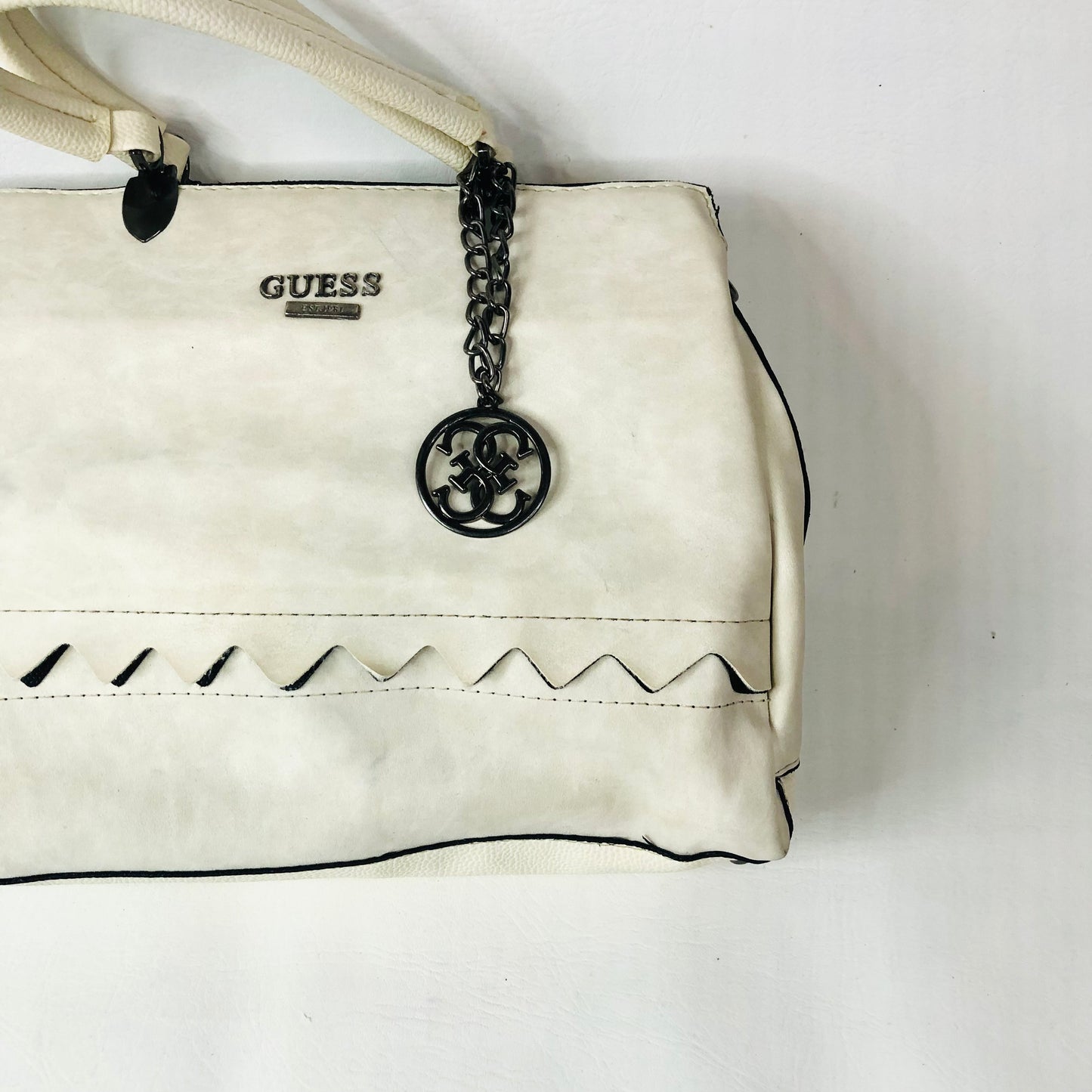 Guess Cream Handbag With Metal Bag Charm Two Handle Tote Bag 31x25cm