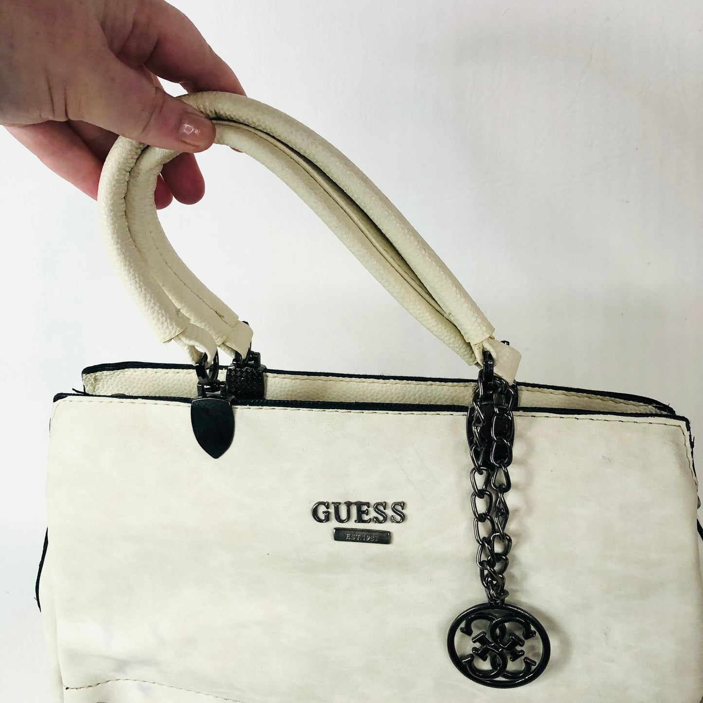 Guess Cream Handbag With Metal Bag Charm Two Handle Tote Bag 31x25cm