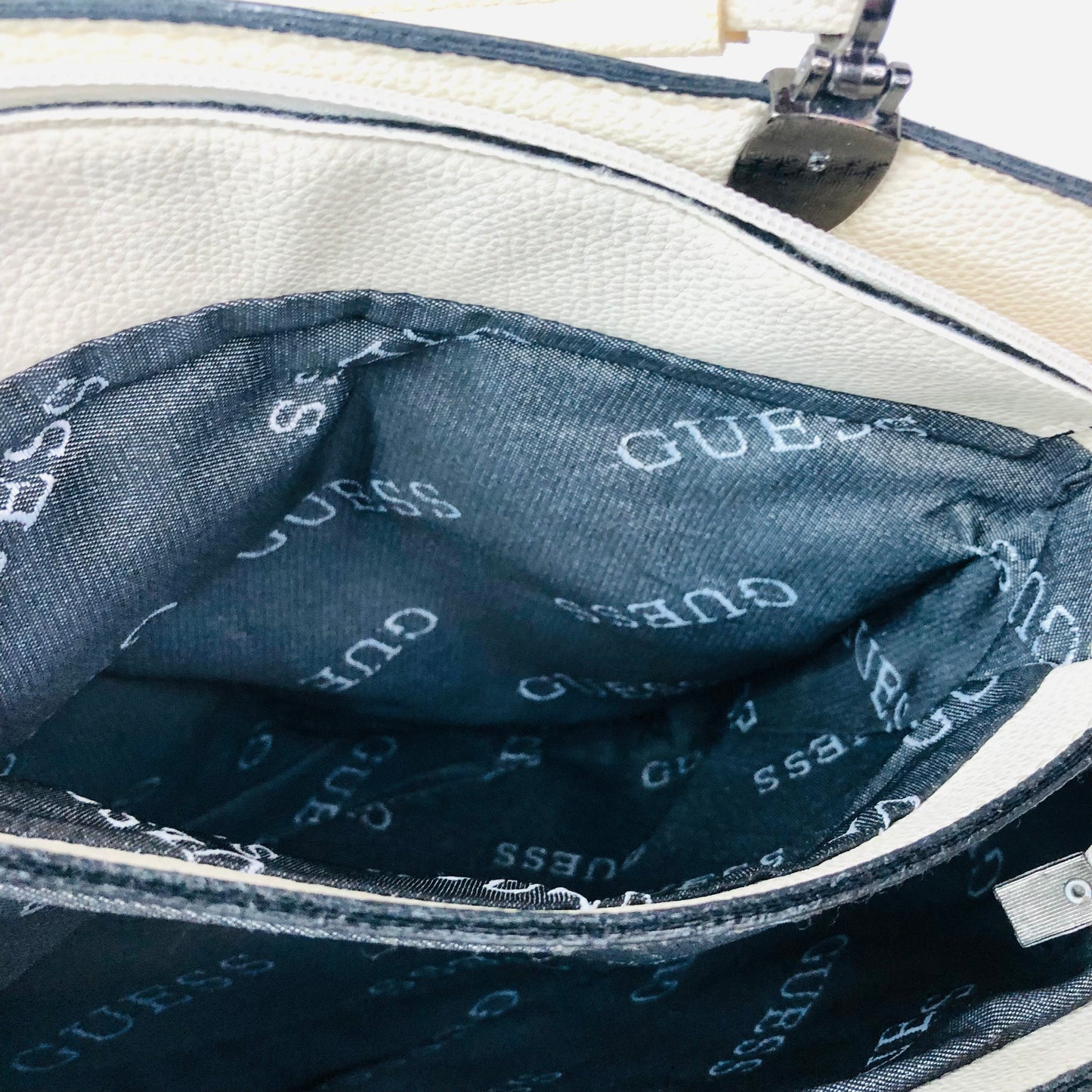 Guess Cream Handbag With Metal Bag Charm Two Handle Tote Bag 31x25cm