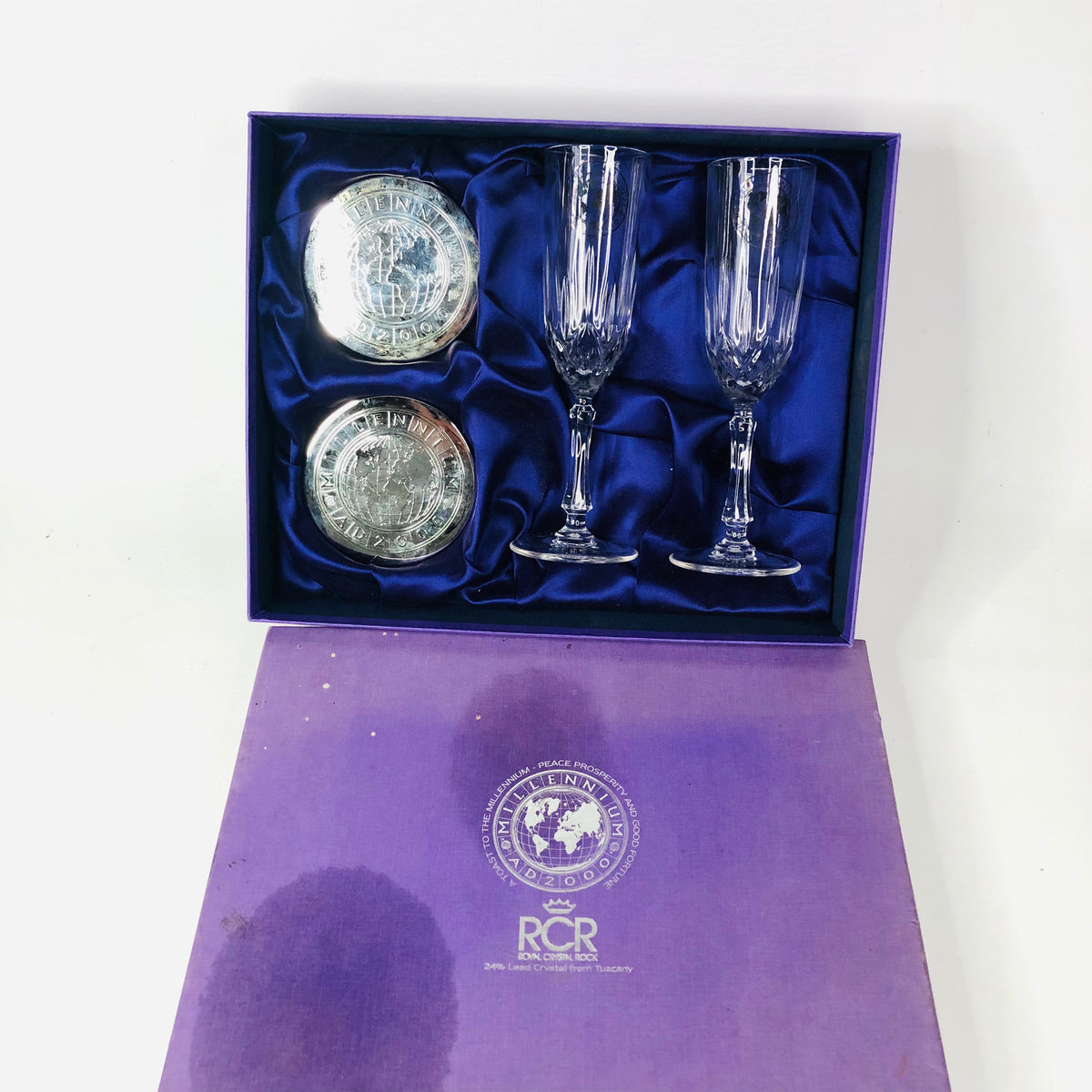 RCR Millennium Vintage 2 Champagne Lead Crystal Glasses Flutes & Silver Coasters