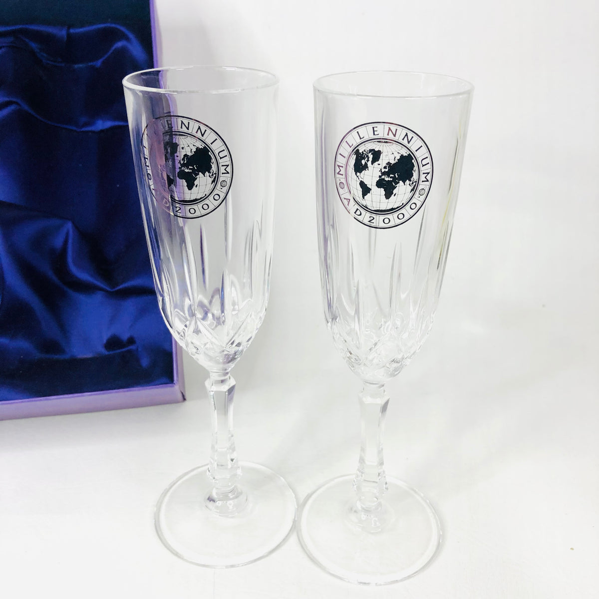 RCR Millennium Vintage 2 Champagne Lead Crystal Glasses Flutes & Silver Coasters