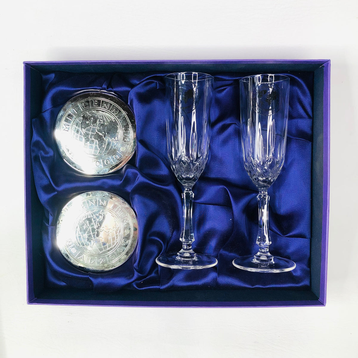 RCR Millennium Vintage 2 Champagne Lead Crystal Glasses Flutes & Silver Coasters