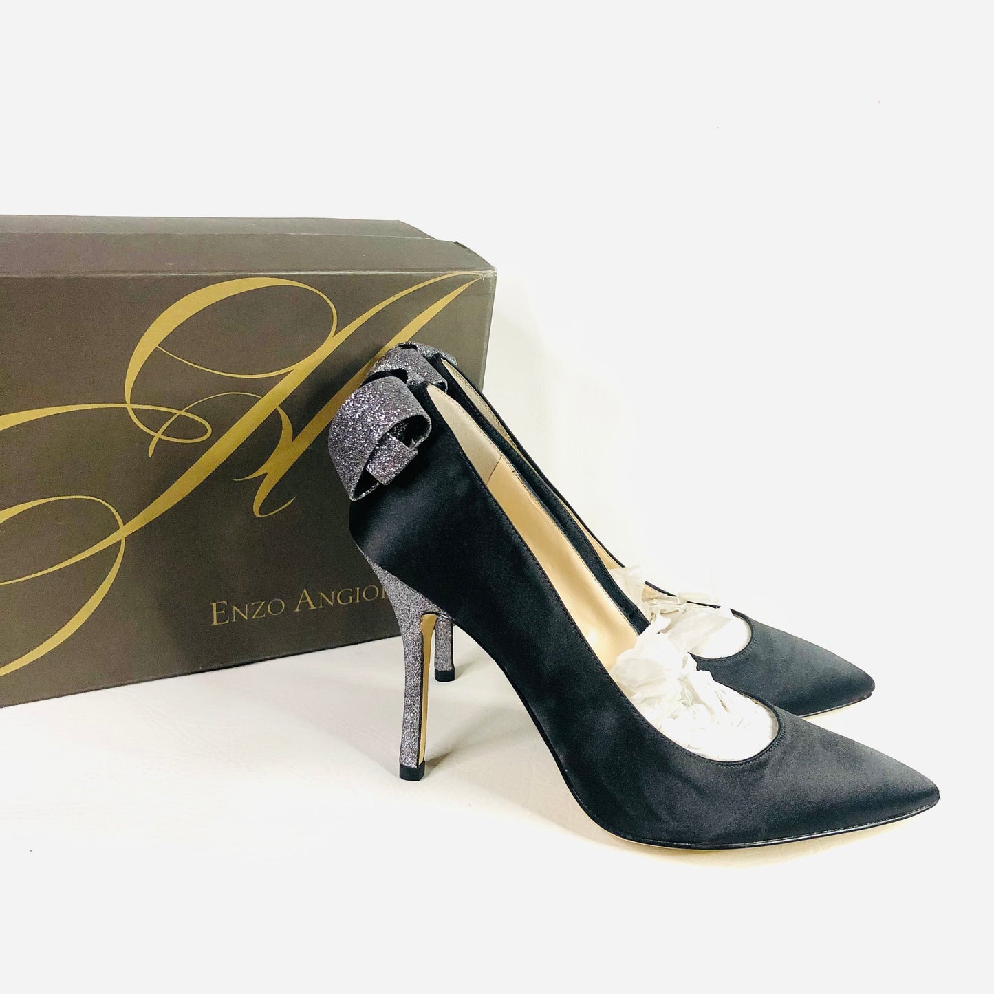 ENZO ANGIOLINI Padilla Black Satin Glitter Back Bow Court Heels Size uk 6 New