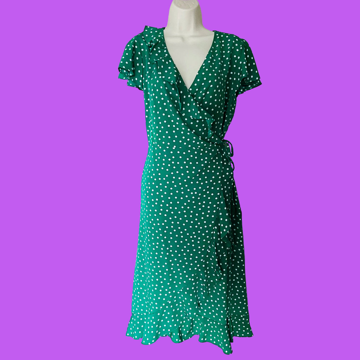Primark | Green Polka Dot | Wrap Summer Tea Dress | Short Flutter Sleeves | Plus Size 18