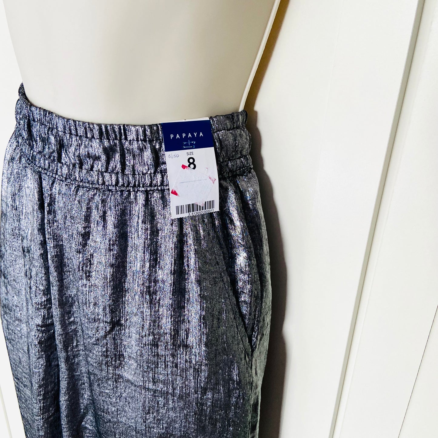 Papaya | Metallic Silver | Ladies Wide Leg Trousers | Size 8 | NEW | Disco Chic Festival