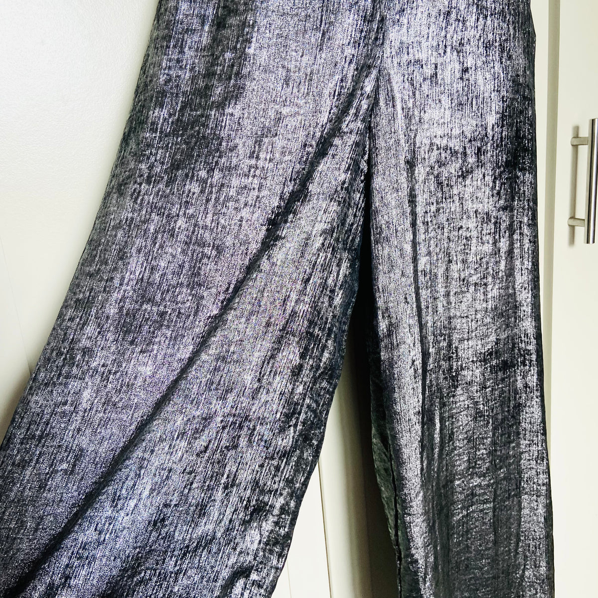 Papaya | Metallic Silver | Ladies Wide Leg Trousers | Size 8 | NEW | Disco Chic Festival