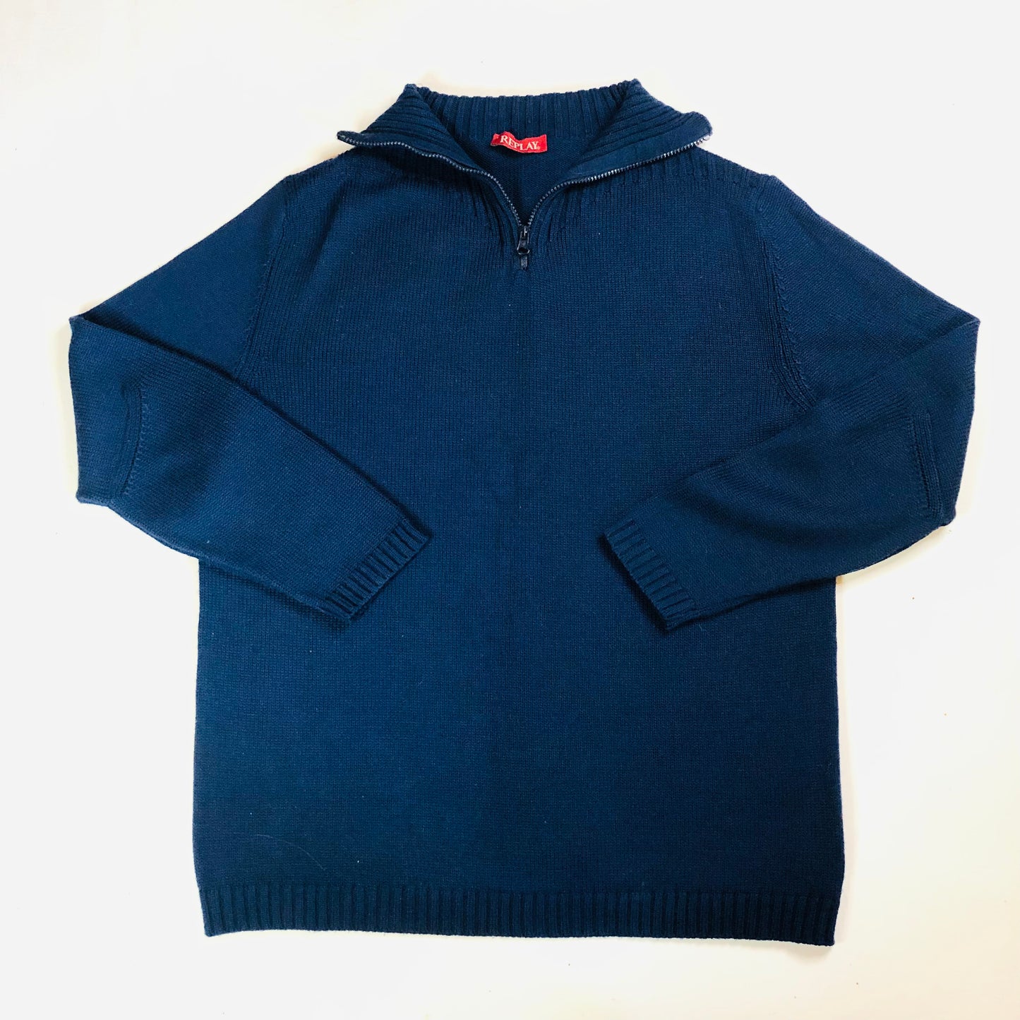 Replay Merino Wool Blend Navy Blue 1/4 Zip Knit Jumper – Size XXL