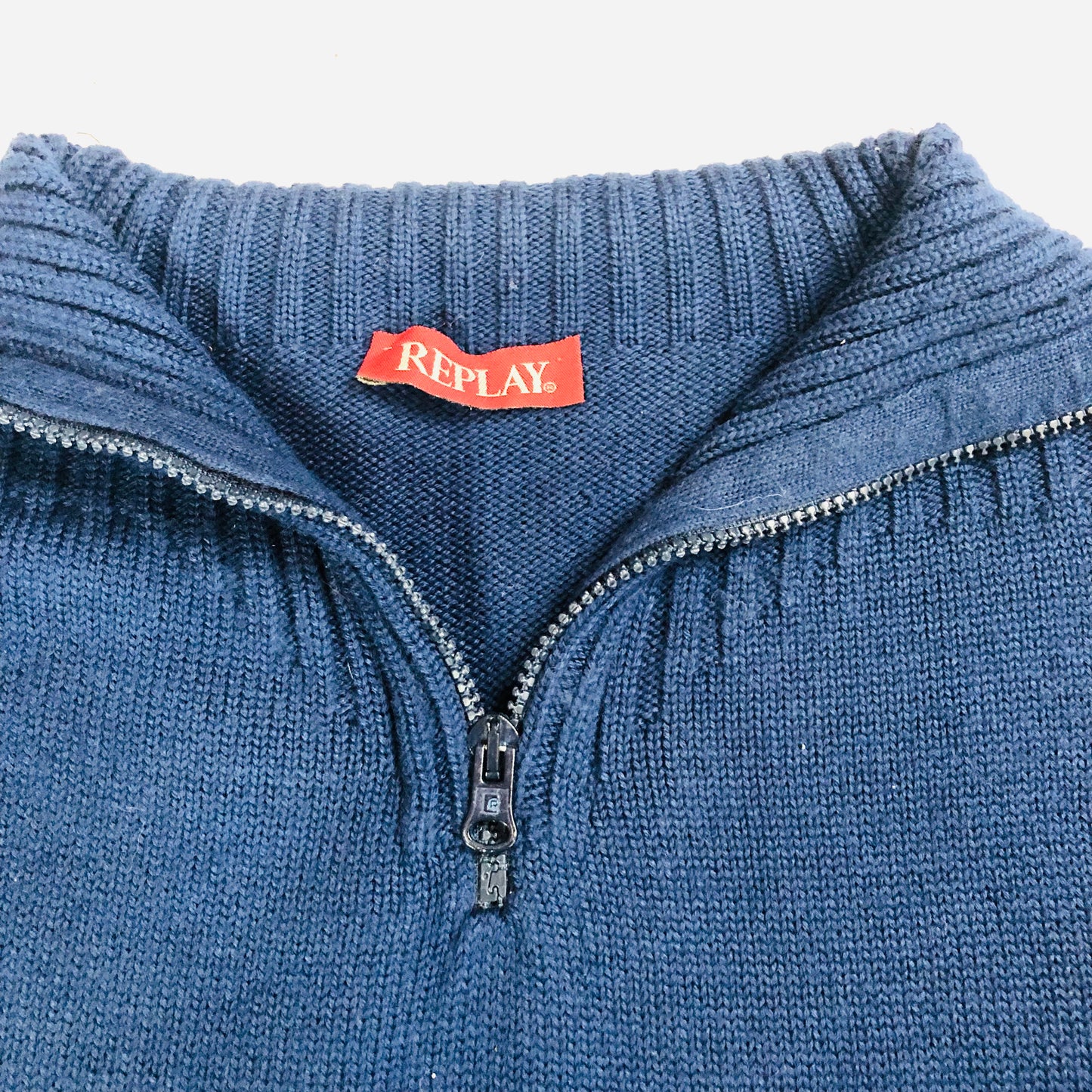Replay Merino Wool Blend Navy Blue 1/4 Zip Knit Jumper – Size XXL