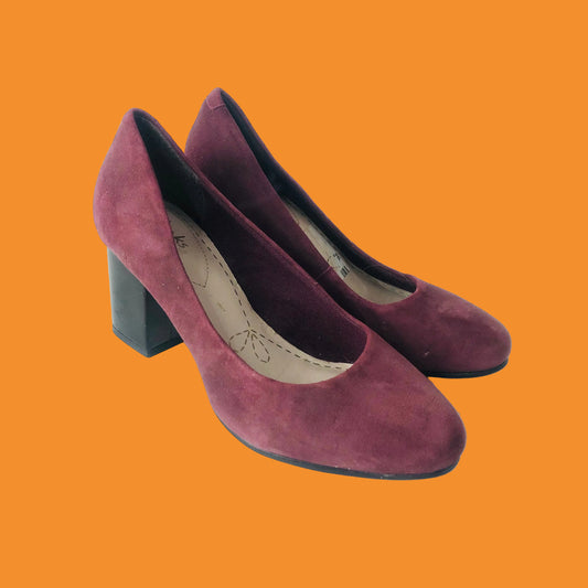 Clarks Aldwych Park Size UK 3 Suede Leather Court Shoes Block Heel Burgundy