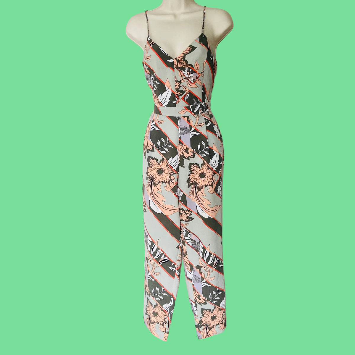 River Island | Sage Green | Floral Skinny Leg Jumpsuit | Size 10 | Boho Chic Festival 70's Revival