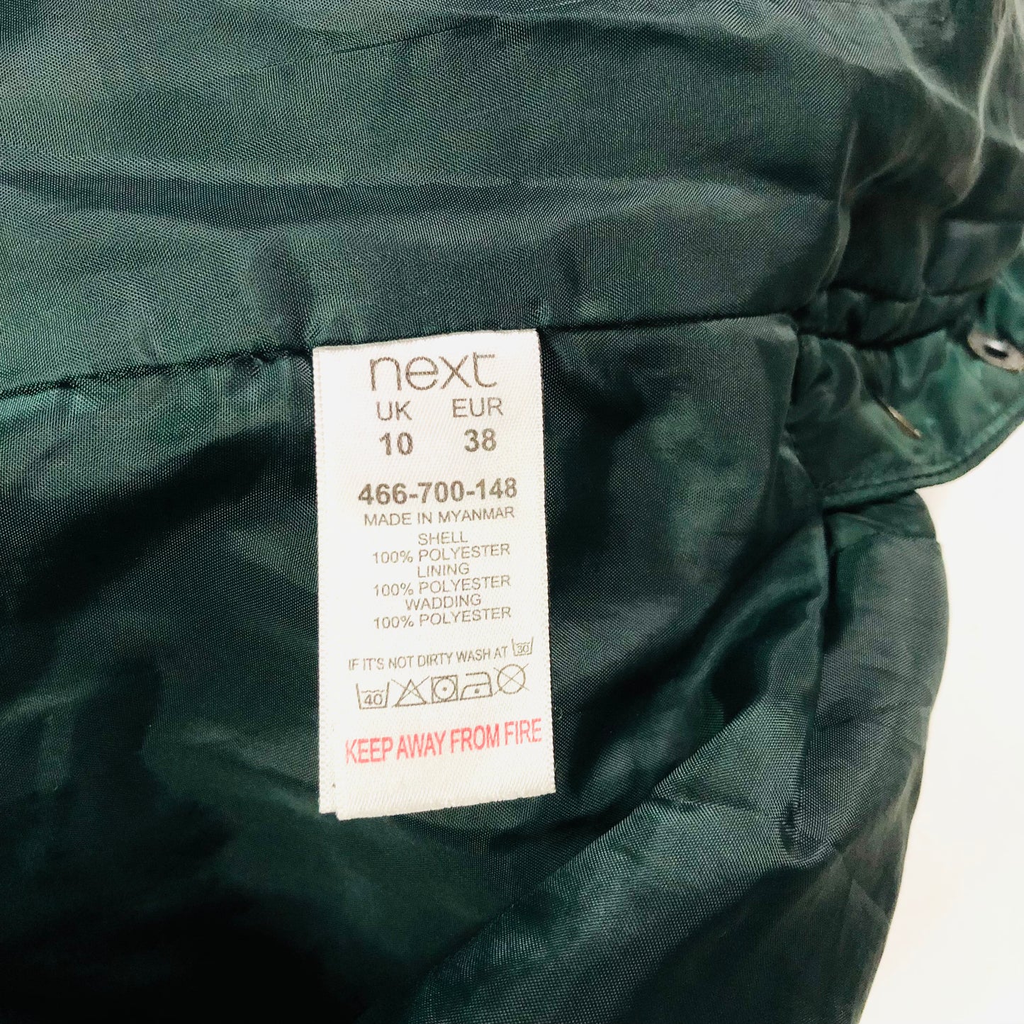 Next Ladies Dark Green Padded Winter Coat With Concealed Hood Size 10