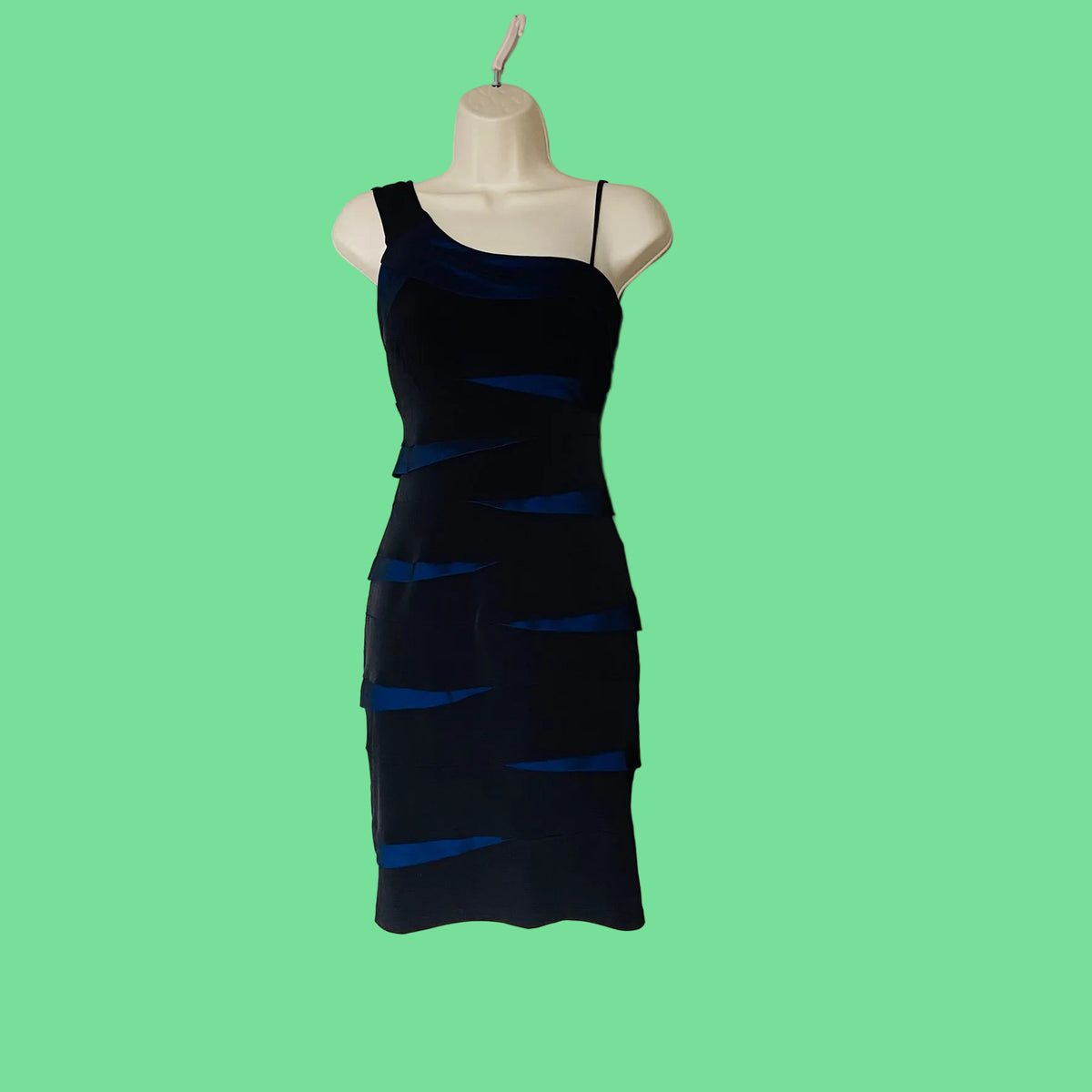 Valerie Bertinelli Black & Blue Striped Tiered One Shoulder Wiggle Dress Size 12
