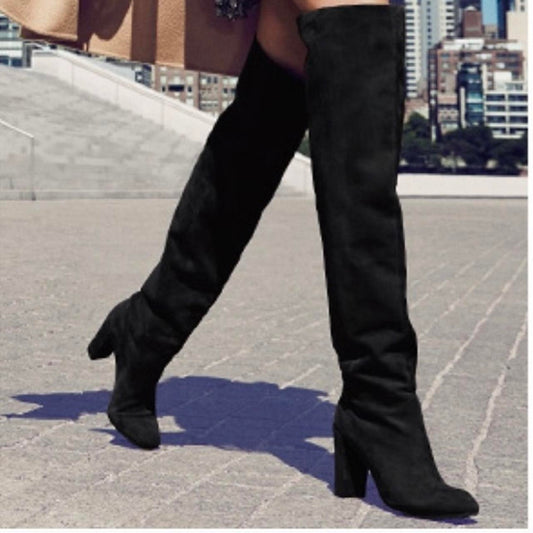 NINE WEST Snowfall Black Suede LEATHER Over KNEE HIGH Pull-on BOOTS Size 3 New