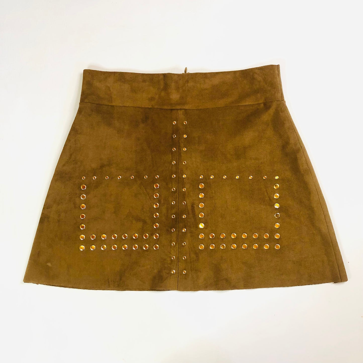 Zara Tan Faux Suede 1970's Style A-Line Mini Skirt Stud Detail Size Medium