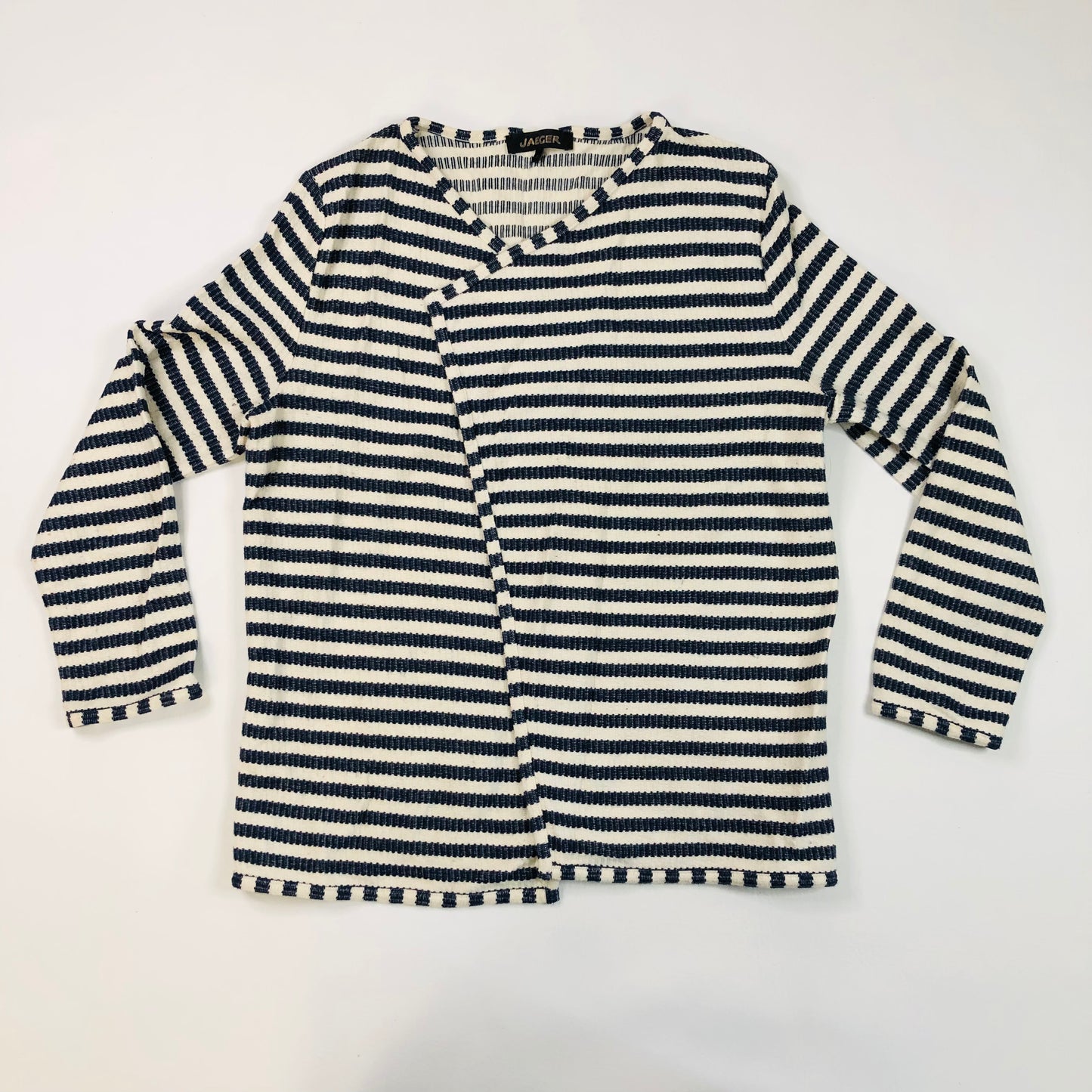 Jaeger Ladies Navy Blue & White Woven Striped Open Front Cardigan / Casual Jacket Size Small