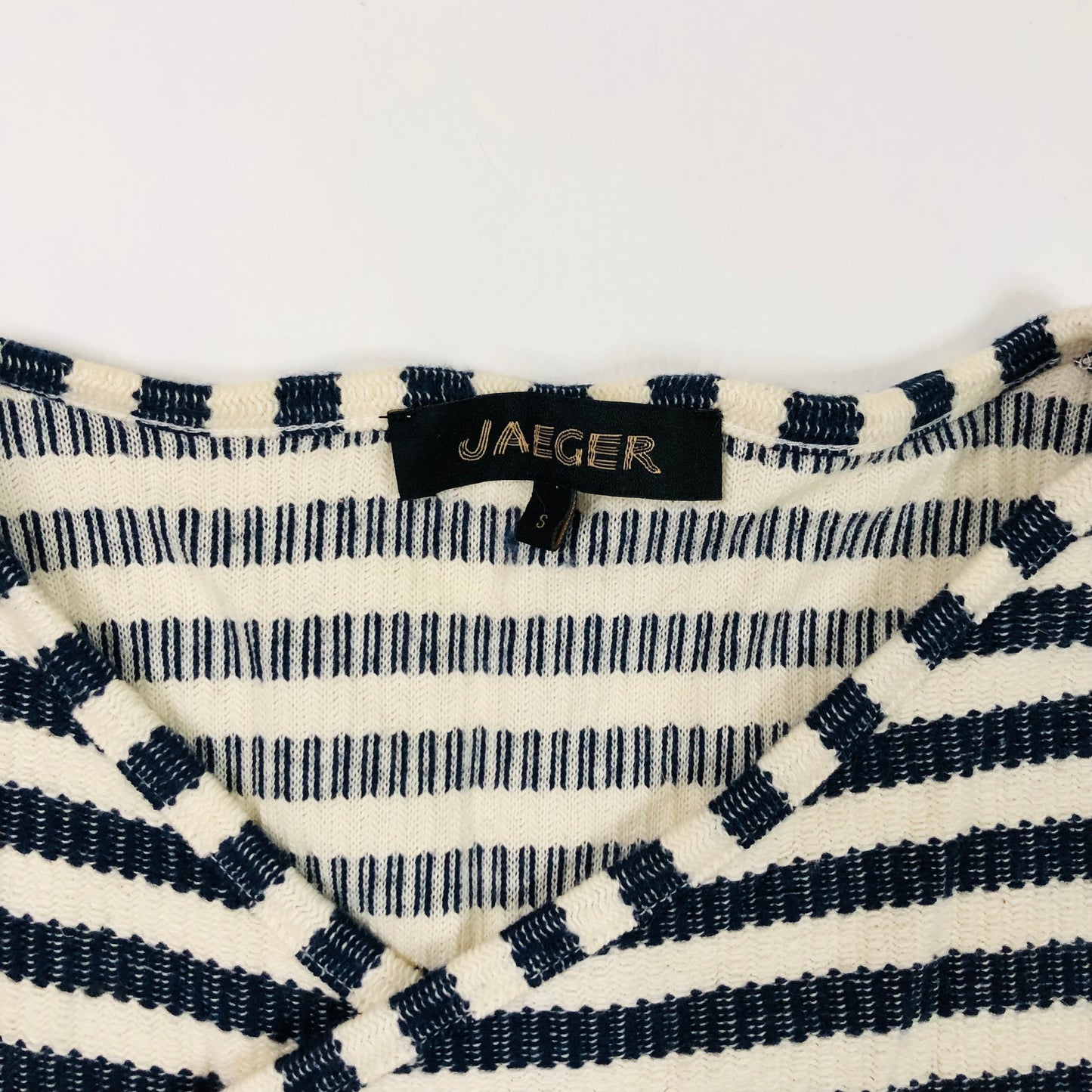 Jaeger Ladies Navy Blue & White Woven Striped Open Front Cardigan / Casual Jacket Size Small